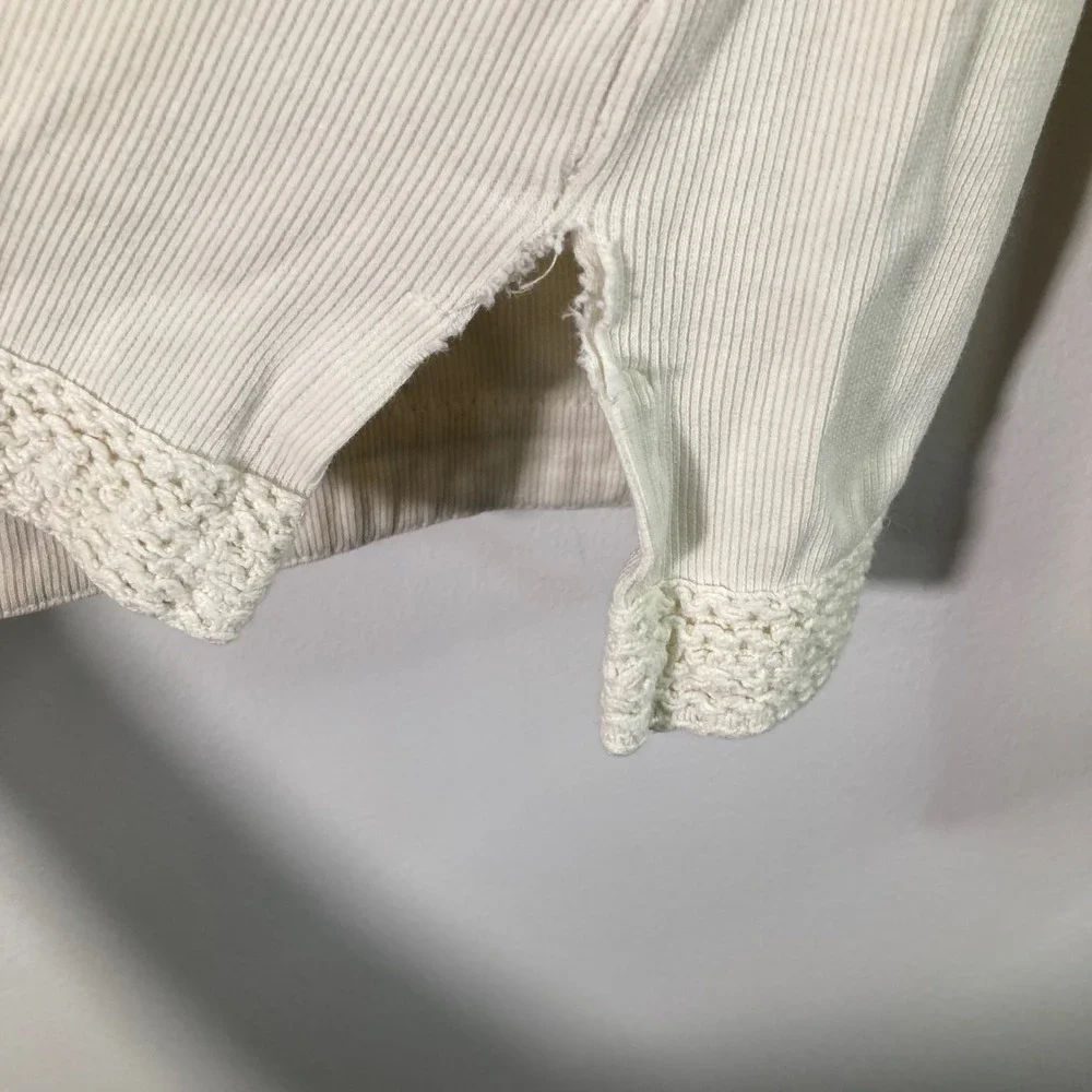 Vintage Prana Cream Ribbed Knit Square Neck Crocheted Trim‎ Top Women's L